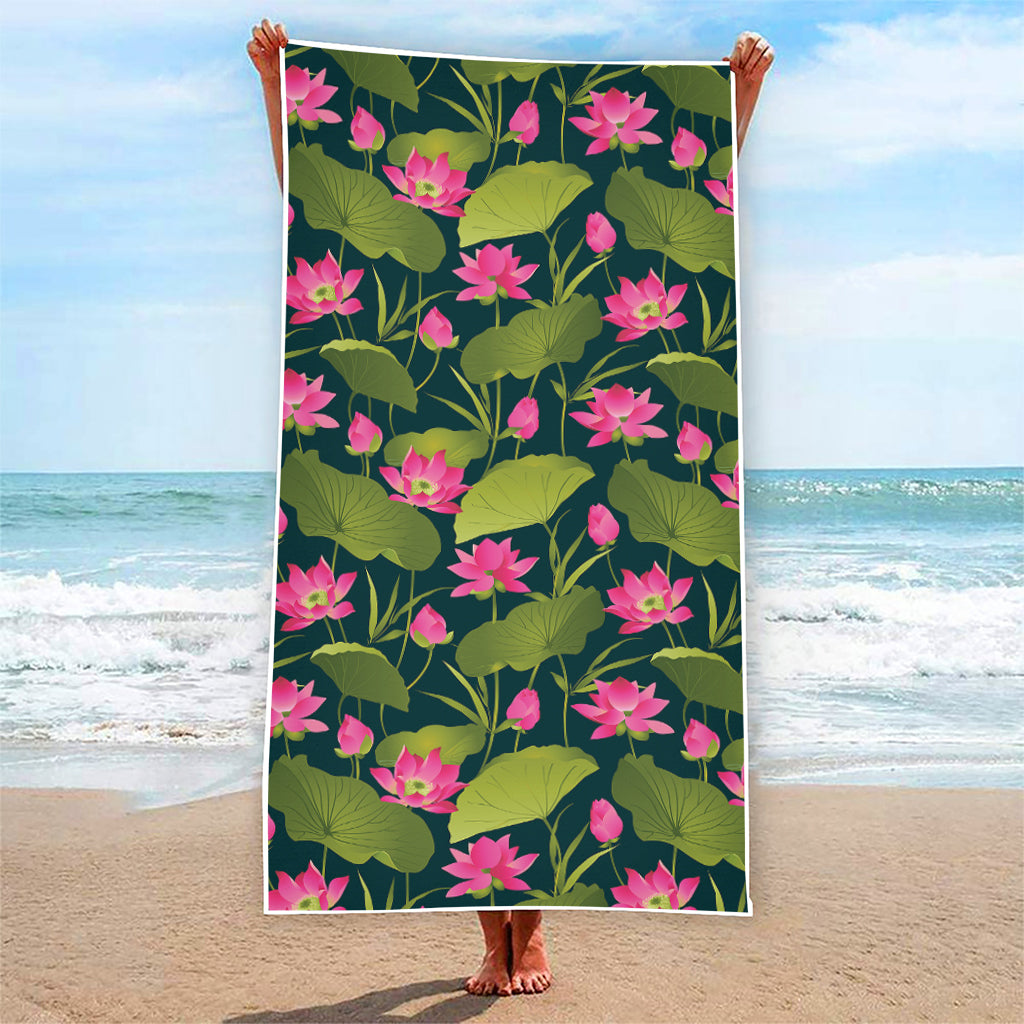 Hot Pink Lotus Pattern Print Beach Towel