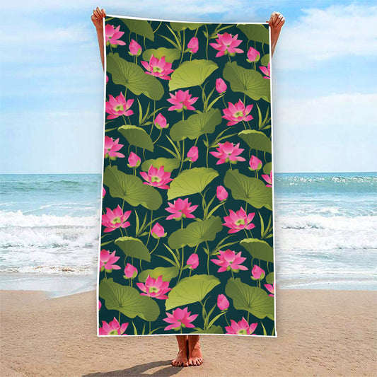 Hot Pink Lotus Pattern Print Beach Towel