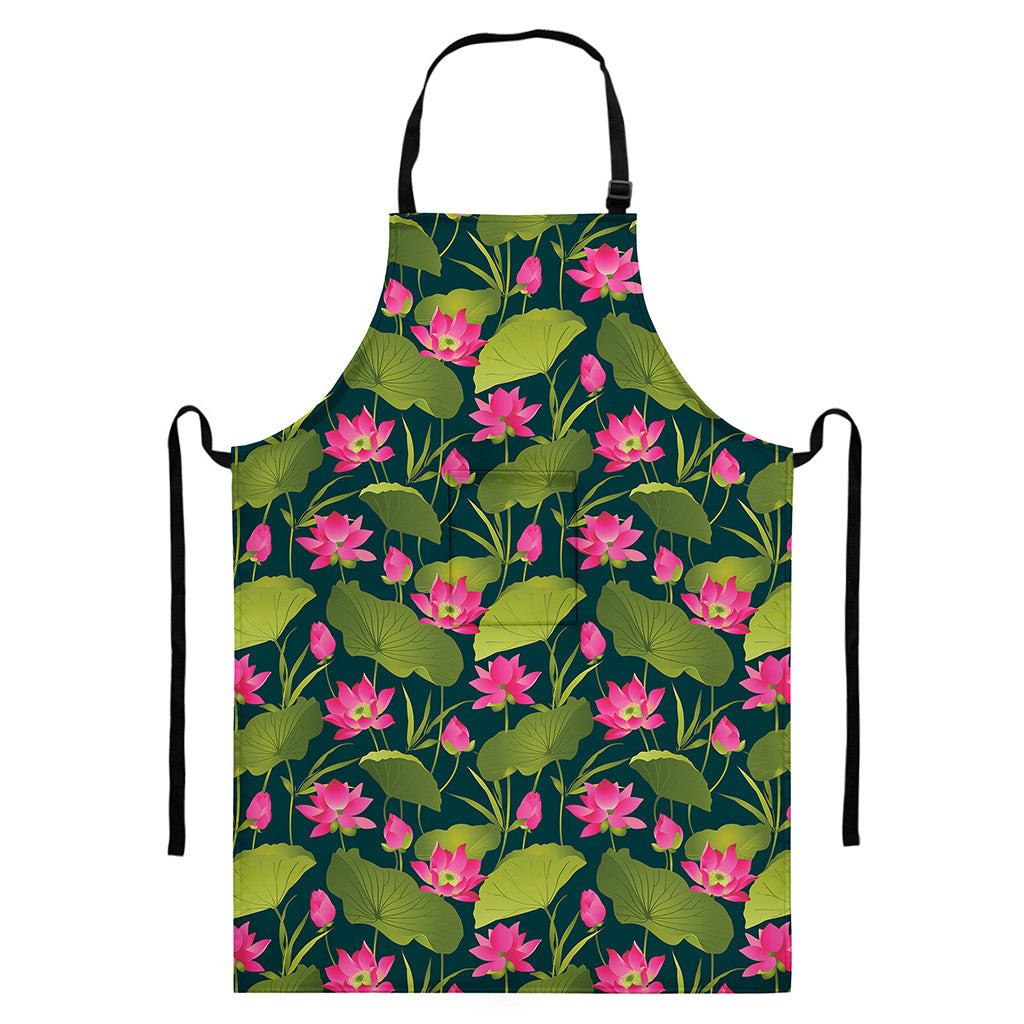 Hot Pink Lotus Pattern Print Bib Apron With Pocket