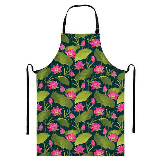 Hot Pink Lotus Pattern Print Bib Apron With Pocket