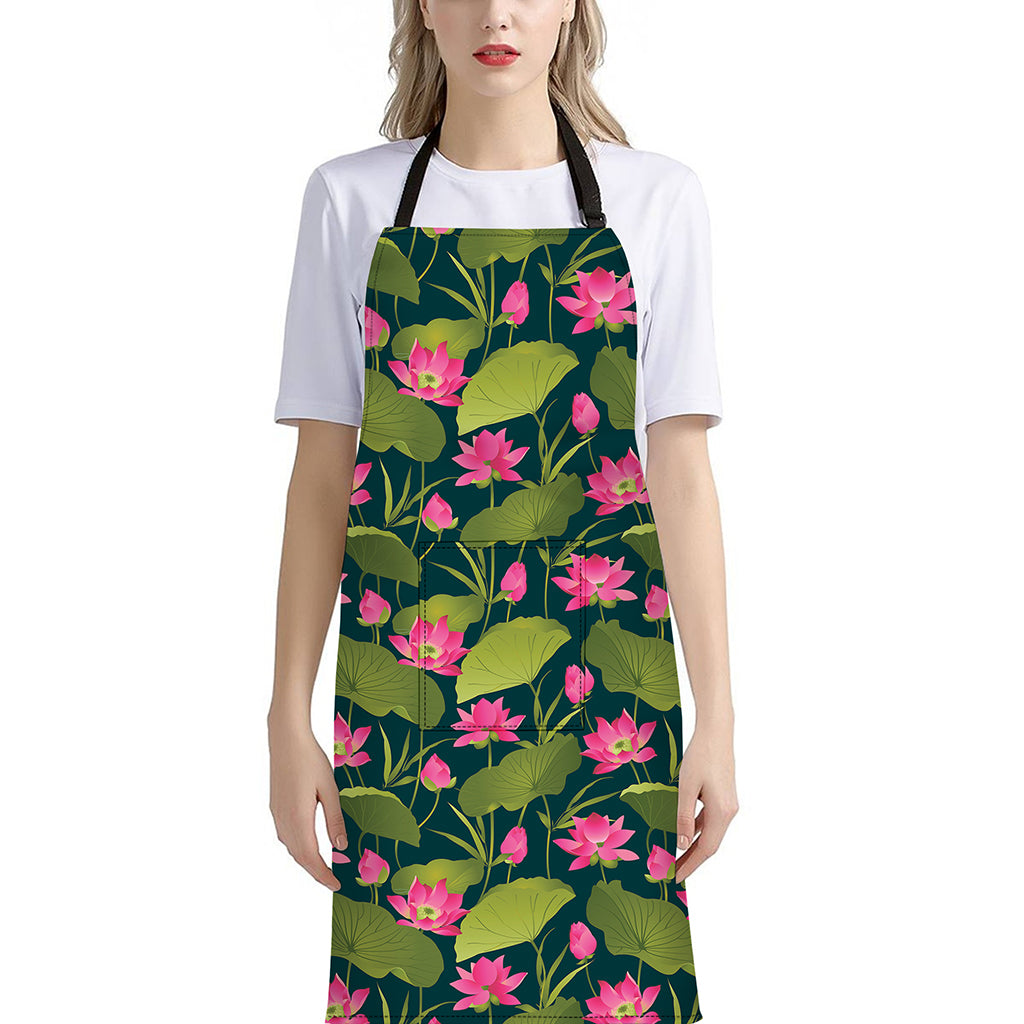 Hot Pink Lotus Pattern Print Bib Apron With Pocket