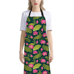 Hot Pink Lotus Pattern Print Bib Apron With Pocket