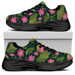 Hot Pink Lotus Pattern Print Black Chunky Shoes