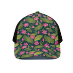 Hot Pink Lotus Pattern Print Black Mesh Trucker Cap