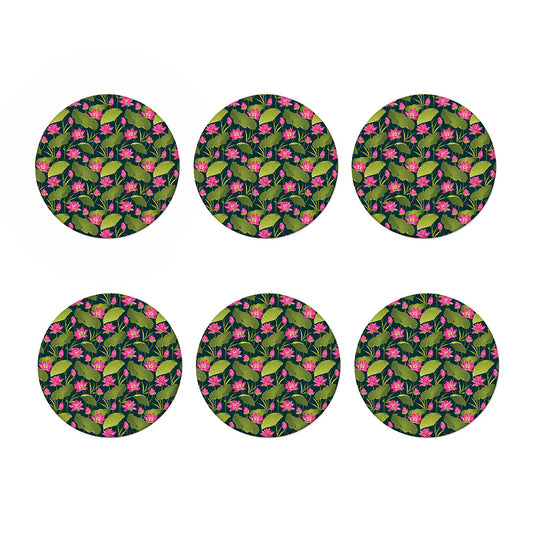 Hot Pink Lotus Pattern Print Coaster Set