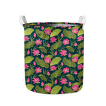 Hot Pink Lotus Pattern Print Collapsible Laundry Basket