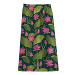 Hot Pink Lotus Pattern Print Cotton Front Slit Maxi Skirt