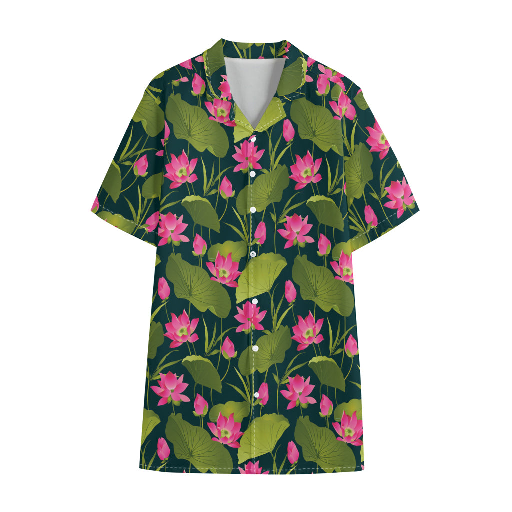 Hot Pink Lotus Pattern Print Cotton Hawaiian Shirt