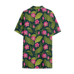 Hot Pink Lotus Pattern Print Cotton Hawaiian Shirt