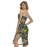 Hot Pink Lotus Pattern Print Cross Back Cami Dress