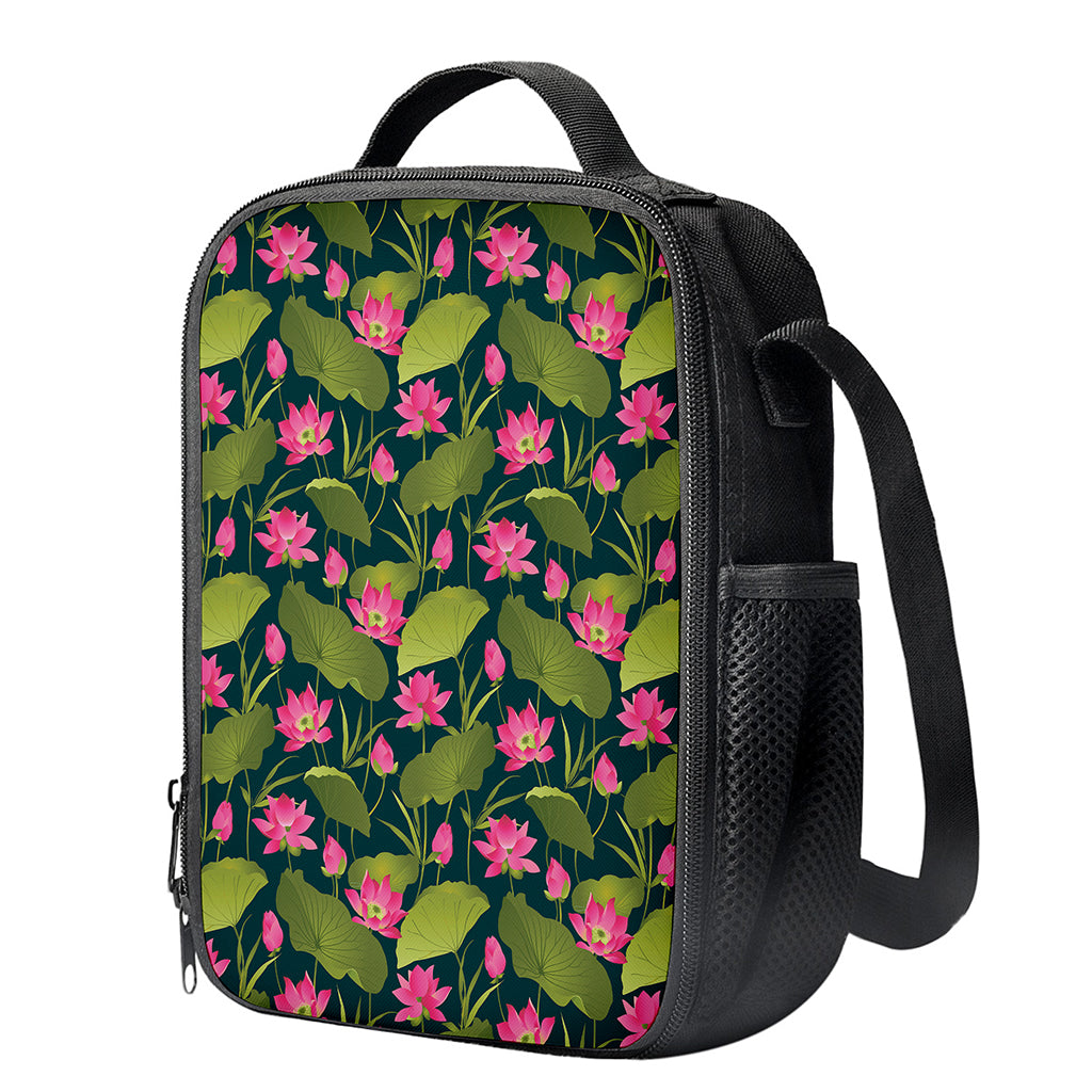 Hot Pink Lotus Pattern Print Crossbody Lunch Bag