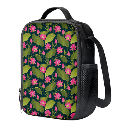 Hot Pink Lotus Pattern Print Crossbody Lunch Bag