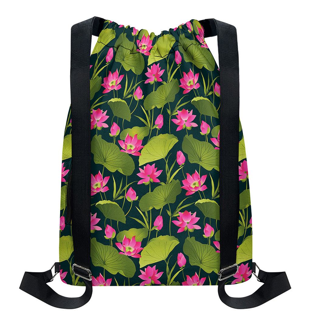 Hot Pink Lotus Pattern Print Drawstring Backpack