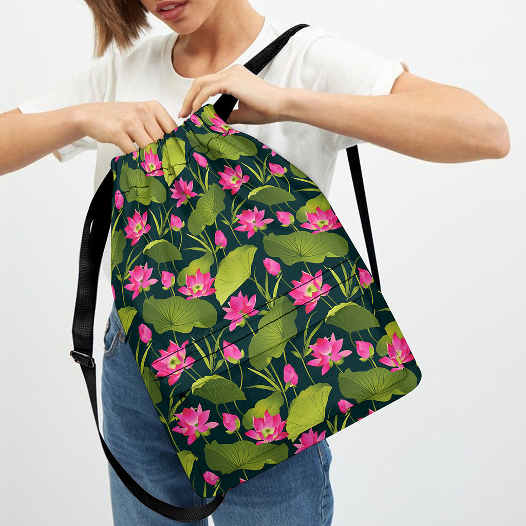 Hot Pink Lotus Pattern Print Drawstring Backpack