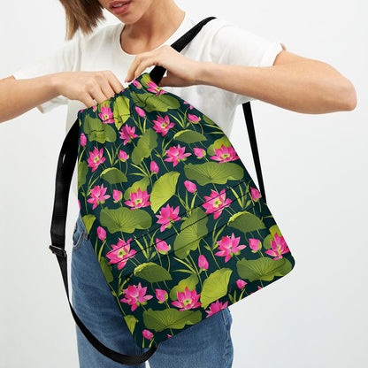 Hot Pink Lotus Pattern Print Drawstring Backpack