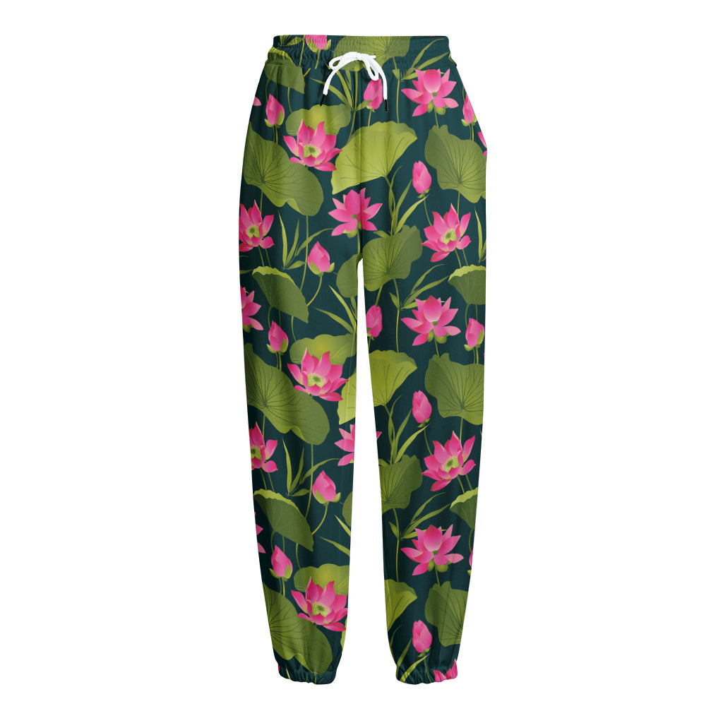 Hot Pink Lotus Pattern Print Fleece Lined Knit Pants