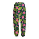 Hot Pink Lotus Pattern Print Fleece Lined Knit Pants