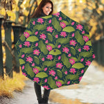Hot Pink Lotus Pattern Print Foldable Umbrella