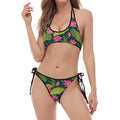 Hot Pink Lotus Pattern Print Halter Scoop Tie Side Bikini
