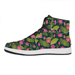 Hot Pink Lotus Pattern Print High Top Leather Sneakers