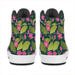 Hot Pink Lotus Pattern Print High Top Leather Sneakers