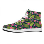 Hot Pink Lotus Pattern Print High Top Leather Sneakers
