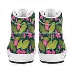 Hot Pink Lotus Pattern Print High Top Leather Sneakers