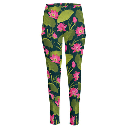 Hot Pink Lotus Pattern Print High-Waisted Pocket Leggings