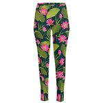 Hot Pink Lotus Pattern Print High-Waisted Pocket Leggings