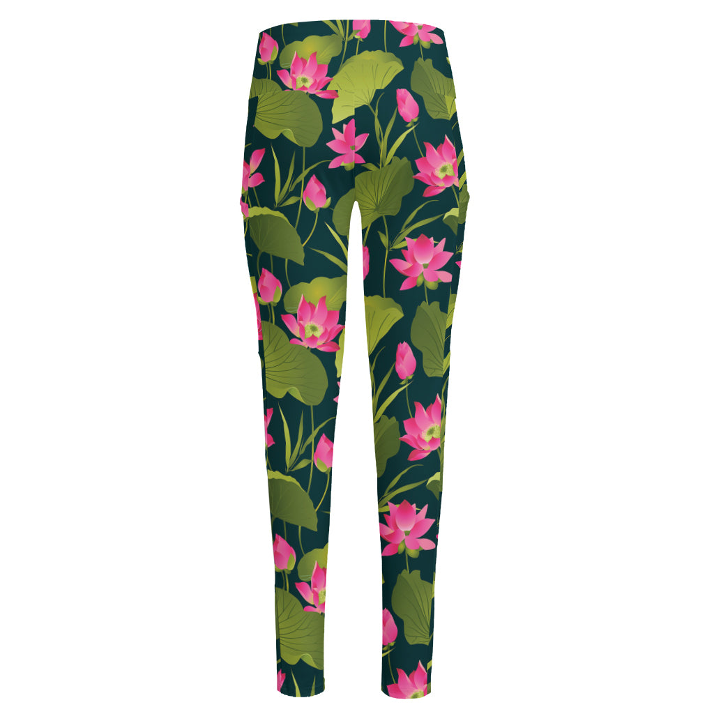 Hot Pink Lotus Pattern Print High-Waisted Pocket Leggings