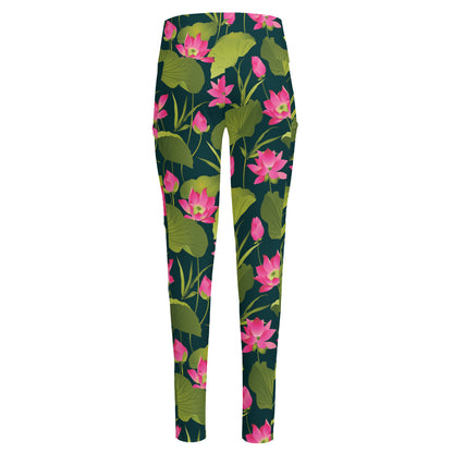 Hot Pink Lotus Pattern Print High-Waisted Pocket Leggings