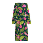 Hot Pink Lotus Pattern Print Hooded Bathrobe