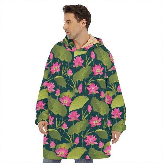 Hot Pink Lotus Pattern Print Hoodie Blanket
