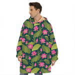 Hot Pink Lotus Pattern Print Hoodie Blanket