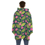 Hot Pink Lotus Pattern Print Hoodie Blanket