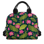 Hot Pink Lotus Pattern Print Insulated Lunch Bag
