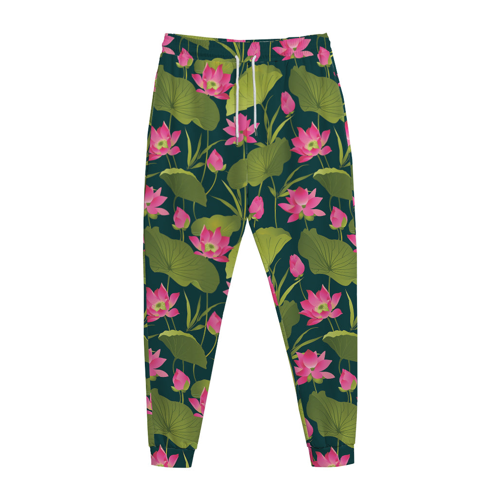 Hot Pink Lotus Pattern Print Jogger Pants