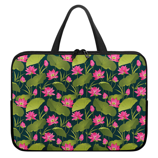 Hot Pink Lotus Pattern Print Laptop Sleeve With Handle