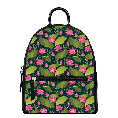 Hot Pink Lotus Pattern Print Leather Backpack