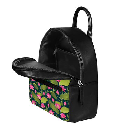 Hot Pink Lotus Pattern Print Leather Backpack