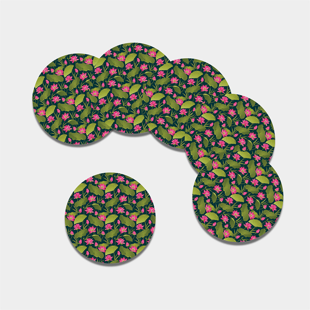 Hot Pink Lotus Pattern Print Leather Coaster Set