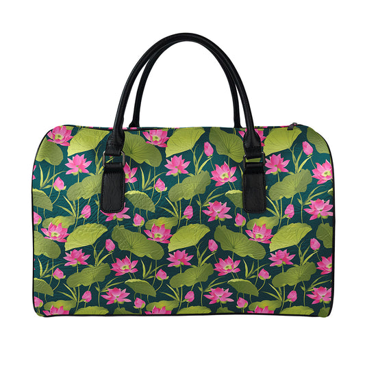 Hot Pink Lotus Pattern Print Leather Duffle Bag