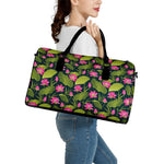 Hot Pink Lotus Pattern Print Leather Duffle Bag