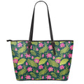 Hot Pink Lotus Pattern Print Leather Tote Bag With Zipper