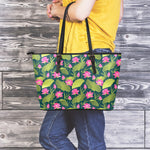 Hot Pink Lotus Pattern Print Leather Tote Bag