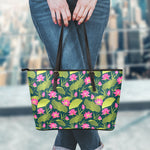 Hot Pink Lotus Pattern Print Leather Tote Bag