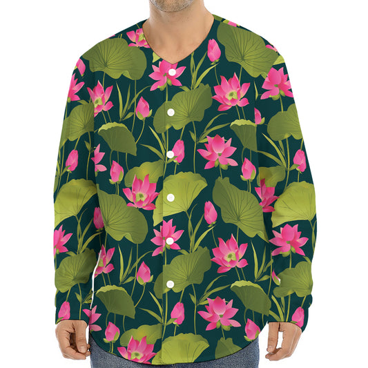 Hot Pink Lotus Pattern Print Long Sleeve Baseball Jersey