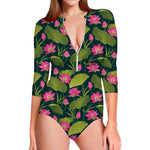 Hot Pink Lotus Pattern Print Long Sleeve Swimsuit