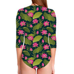 Hot Pink Lotus Pattern Print Long Sleeve Swimsuit