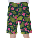 Hot Pink Lotus Pattern Print Men's Beach Shorts